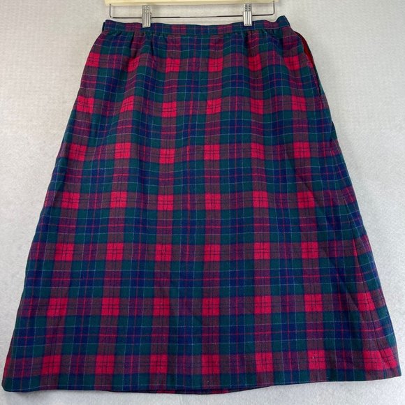 Vintage PENDLETON Women 10* Blue Red Plaid Front Pleated Wool Midi Skirt Pockets - Picture 10 of 11